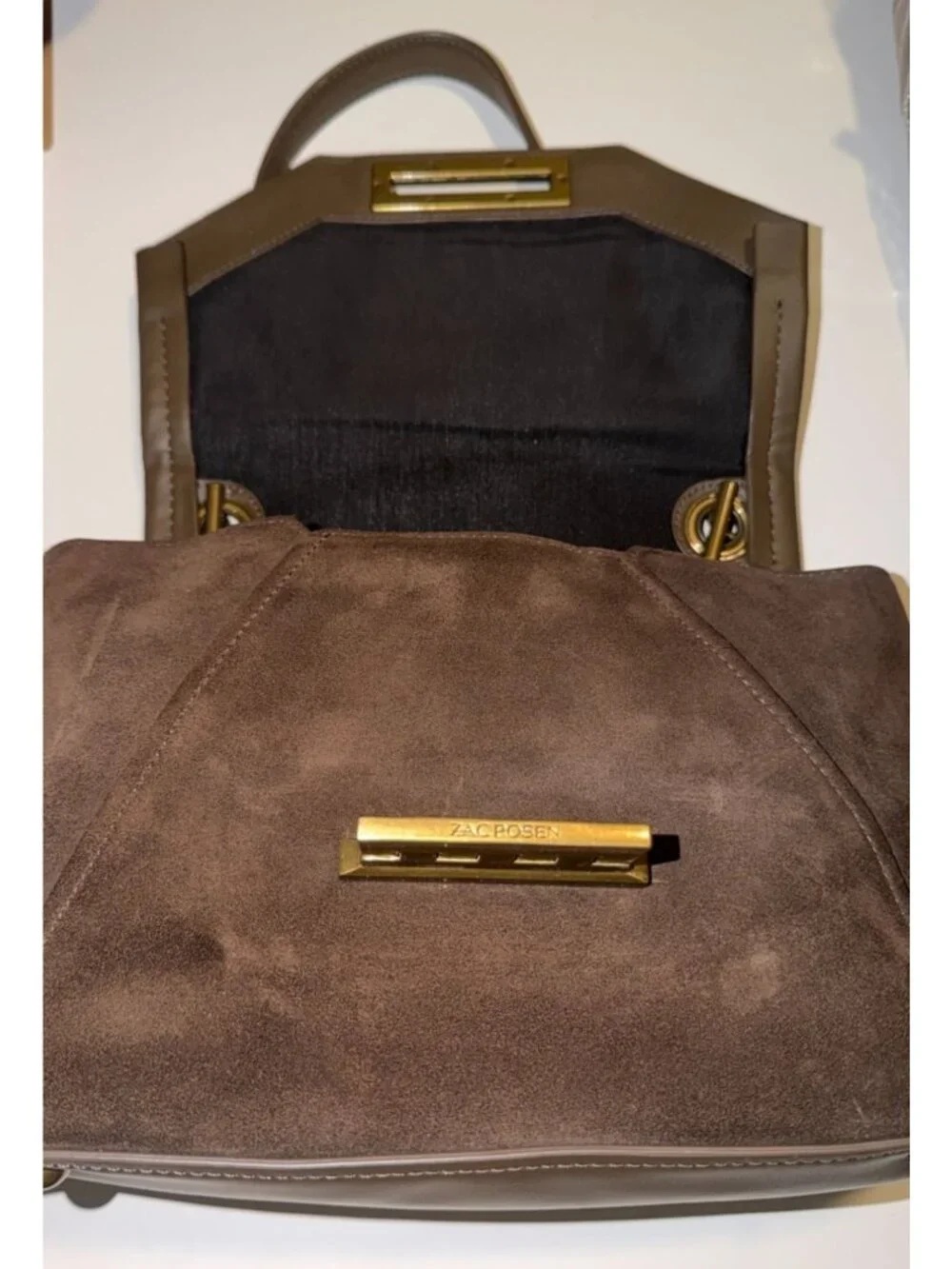 Zac Posen Eartha Brown Leather Suede Envelope Flap Brass Hardware Shoulder Bag